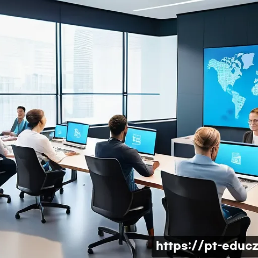 기술 재교육 프로그램과 협업의 중요성 - A modern corporate training room with a diverse group of professionals in business casual attire, ac...