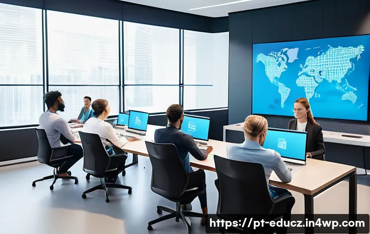 기술 재교육 프로그램과 협업의 중요성 - A modern corporate training room with a diverse group of professionals in business casual attire, ac...