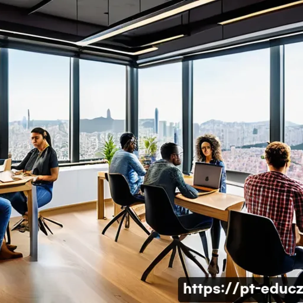 기술 재교육 프로그램과 직무 전환의 연관성 - A diverse group of young Brazilian professionals in casual business attire, sitting around a modern ...