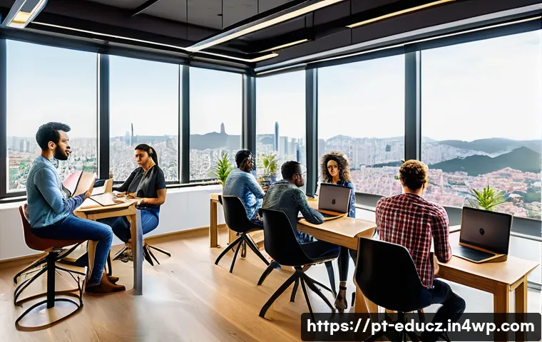 기술 재교육 프로그램과 직무 전환의 연관성 - A diverse group of young Brazilian professionals in casual business attire, sitting around a modern ...