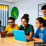 Home 21 비영리 기관의 기술 재교육 프로그램 운영 사례 - A diverse group of Brazilian young adults in a vibrant community center, actively participating in a...
