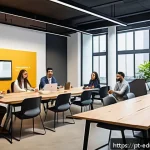 Home 18 기술 재교육 프로그램에서의 소셜러닝 활용 - A modern Brazilian corporate office scene showcasing a diverse group of professionals engaged in a l...