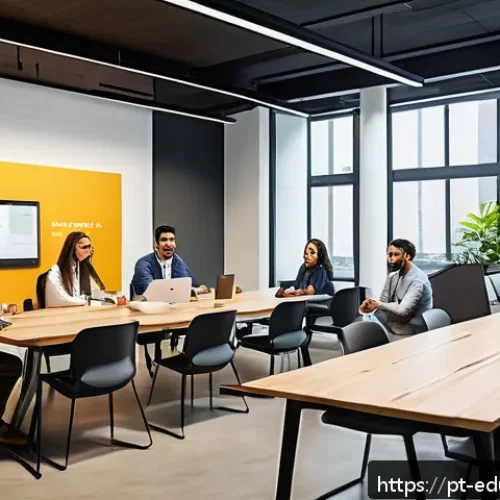 Home 30 기술 재교육 프로그램에서의 소셜러닝 활용 - A modern Brazilian corporate office scene showcasing a diverse group of professionals engaged in a l...