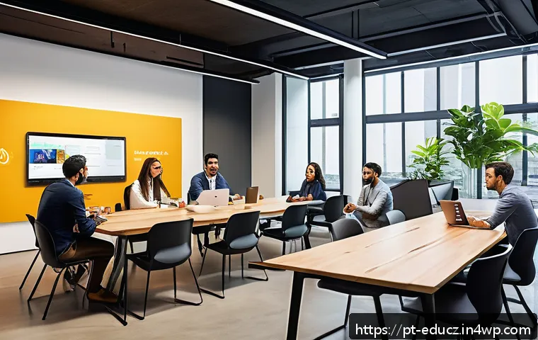 기술 재교육 프로그램에서의 소셜러닝 활용 - A modern Brazilian corporate office scene showcasing a diverse group of professionals engaged in a l...