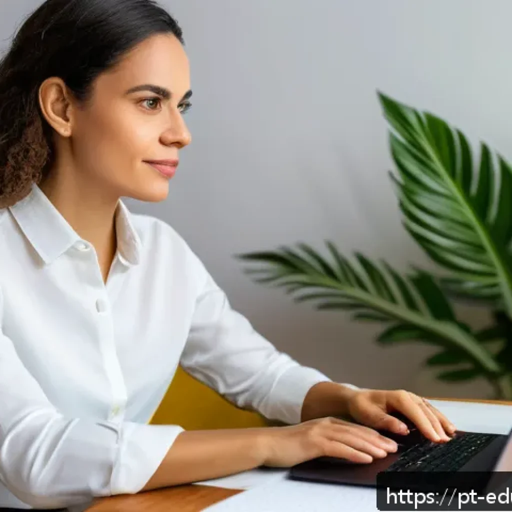 글로벌 기술 재교육 프로그램의 비교 분석 - A professional Brazilian woman in her 30s, wearing smart casual attire with a laptop and notebooks, ...